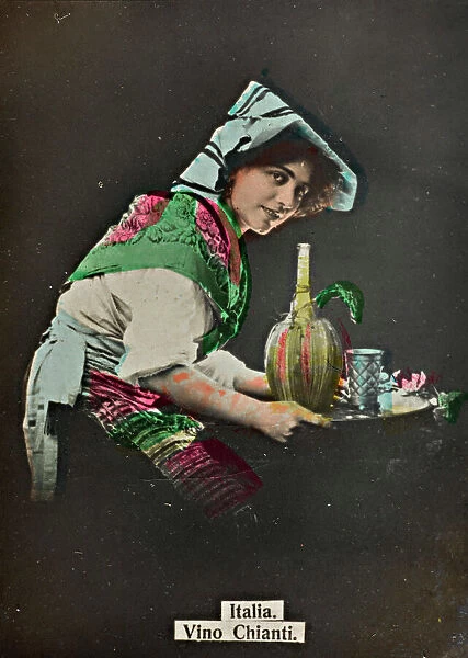 'Alrededor del Mundo - Obsequio de Susini'; portrait of a woman holding a tray with a bottle of Chianti wine and a glass