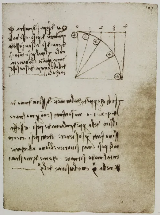 Stampa con cornice : Dimostrazione dell'effetto dei pesi sulle leve; scritto appartenente al Codice Forster II