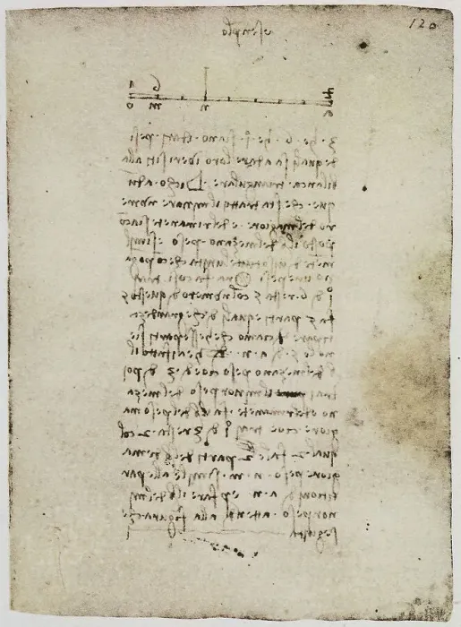 Gerahmter Druck : Leonardo da Vincis physikalische Studie mit Berechnungen und Proportionen, Codice Forster II, Blatt 120r