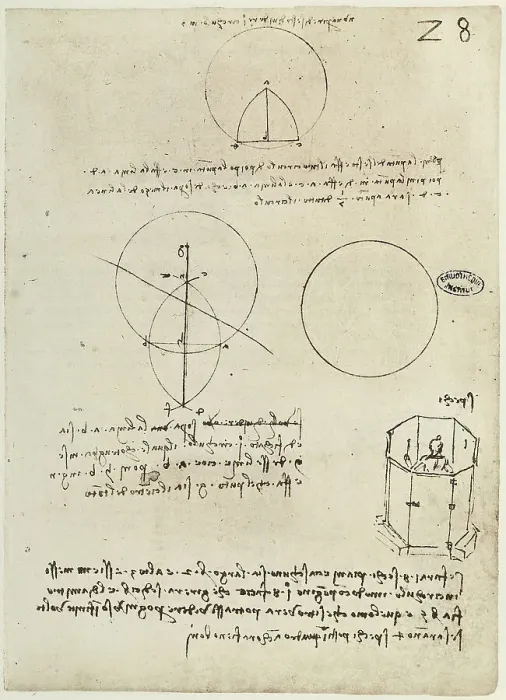 Stampa con cornice : Esercizi sul cerchio e studio sugli specchi: disegno di Leonardo da Vinci