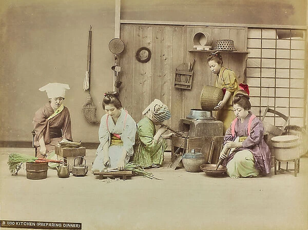 A group of young Japanese women during the preparation and cooking food, Japan