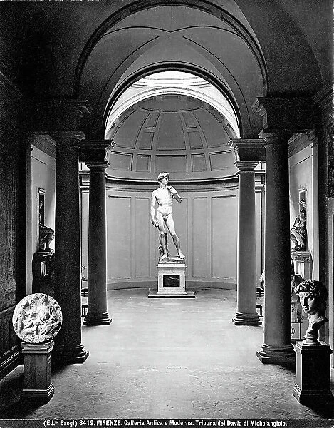 The Hall of David at the Academy of Art in Florence: along the hall leading to the Gallery are statues of Lorenzo and Giuliano, the Madonna and Child with the Infant Baptist (Taddei Tondo)and a bust of David