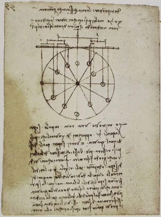 Stampa con cornice : Esperimento di fisica con una ruota e dei pesi; scritto appartenente al Codice Forster II