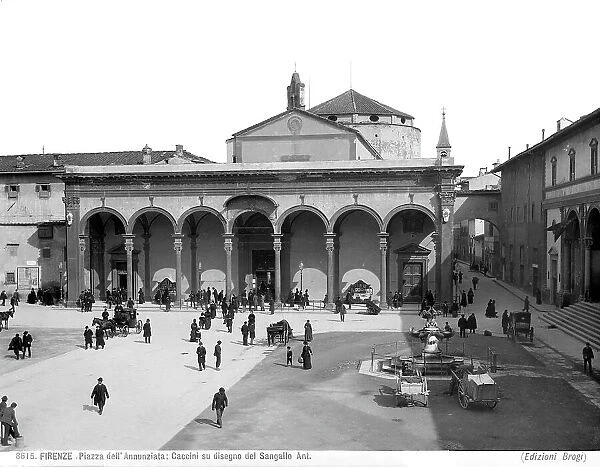 Piazza della Santissima Annunziata with the portico of the Church of the Santissima Annunziata and the celebrated fountain by Pietro Tacca