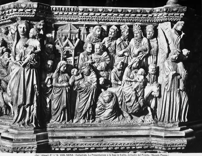 Impresión enmarcada : Presentación al templo y fuga en Egipto, pulpito de Nicola Pisano, Duomo de Siena