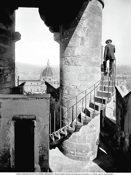 Staircase of the tower of Arnolfo in Palazzo Vecchio and view of the Cathedral, Florence