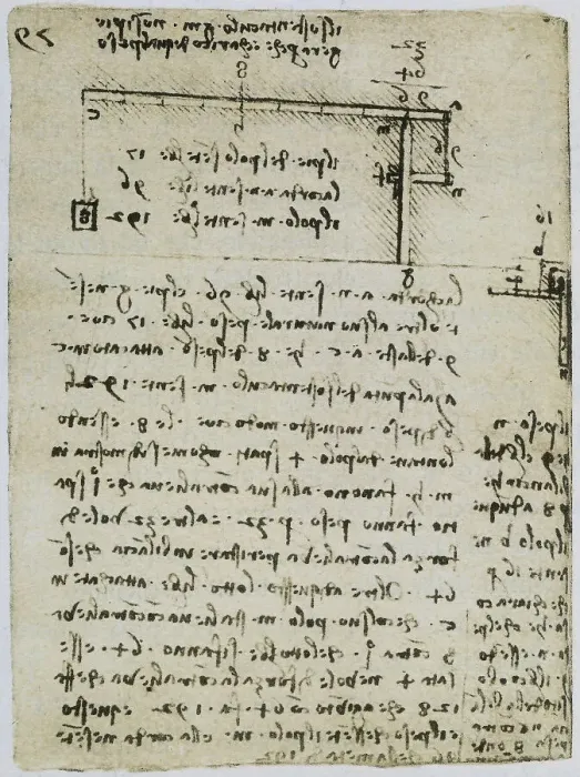 Stampa con cornice : Studi sul bilanciamento dei pesi; foglio appartenente al Codice Forster II