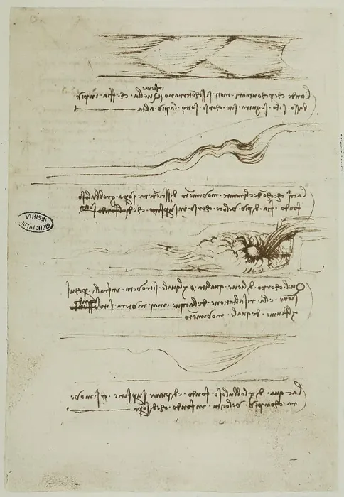 Impresión enmarcada : Estudio sobre el comportamiento de los fluidos: manuscrito de Leonardo da Vinci, perteneciente al Codice A (2172), f.24v, conservado en el Instituto de Francia, París.