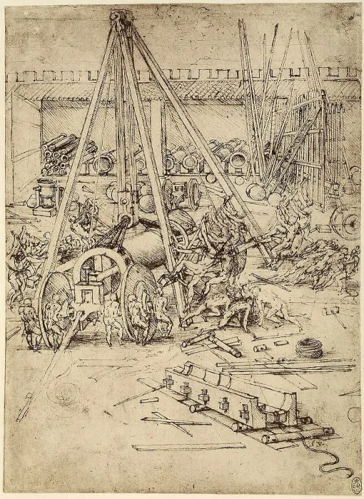 Stampa con cornice : Studio per la realizzazione di cannoni e argani; disegno a penna su carta ingiallita Stampa con cornice : Studio per la realizzazione di cannoni e argani; disegno a penna su carta ingiallita