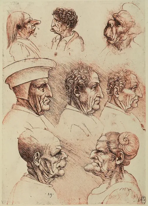 Stampa con cornice : Studio di caricature, disegno a penna e sanguigna su carta bianca