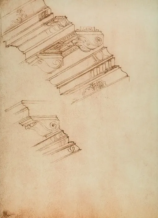 Stampa con cornice : Studio per due cornicioni; disegno di Michelangelo conservato nella Casa