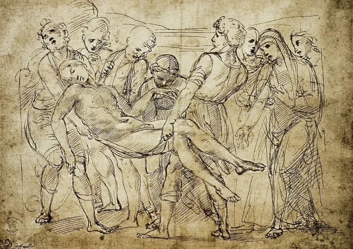 Stampa con cornice : Studio di una Deposizione, disegno di Raffaello, conservato al British Museum di Londra
