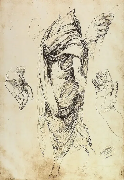 Stampa con cornice : Studio di panneggio e di mani, disegno di Raffaello