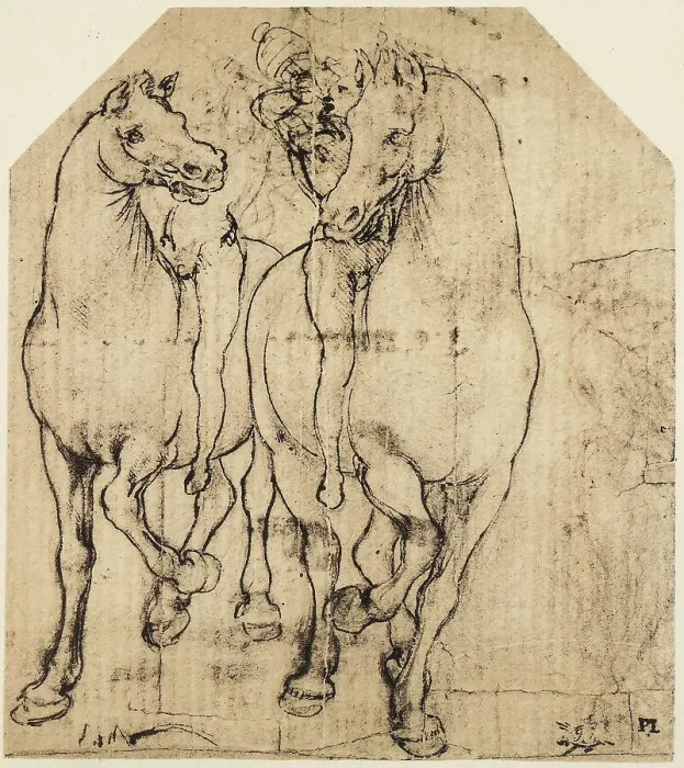 Stampa con cornice : Studio di cavalli con cavalieri, disegno a carbone e penna su carta ingiallita