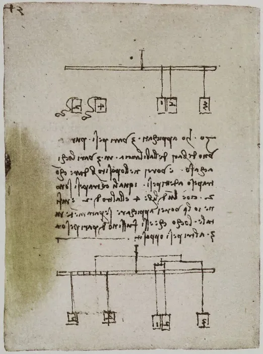 Stampa con cornice : Studio di fisica con pesi e contrappesi; scritto appartenente al Codice Forster II