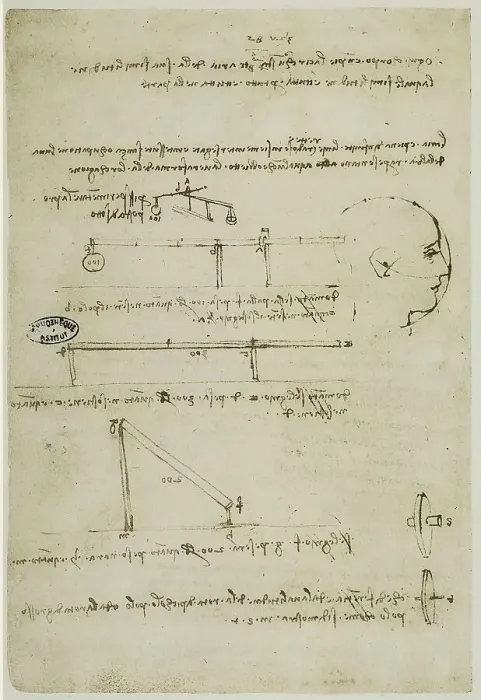 Stampa con cornice : Studi di fisica: scritto di Leonardo da Vinci, appartenente al Codice A 