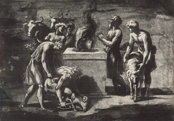 Impresión enmarcada : Estudio para el sacrificio de Noé; dibujo de Rafael conservado en la Galería Albertina de Viena (Colección de Arte - Dibujos)