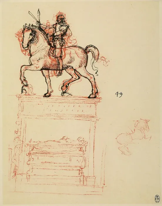 Stampa con cornice : Studio per il Monumento Trivulzio; disegno a sanguigna eseguito da Leonardo