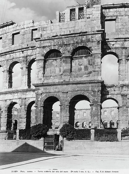 The tower in the Ampitheatre of Pula, photographed during the period of Italy's reign in Istria