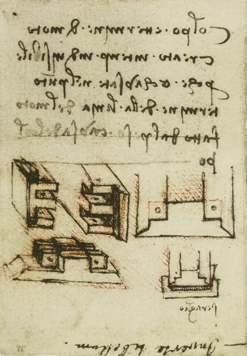 Stampa con cornice : Alcuni meccanismi e vari appunti di fisica; disegno appartenente al Codice Forster III Stampa con cornice : Alcuni meccanismi e vari appunti di fisica; disegno appartenente al Codice Forster III