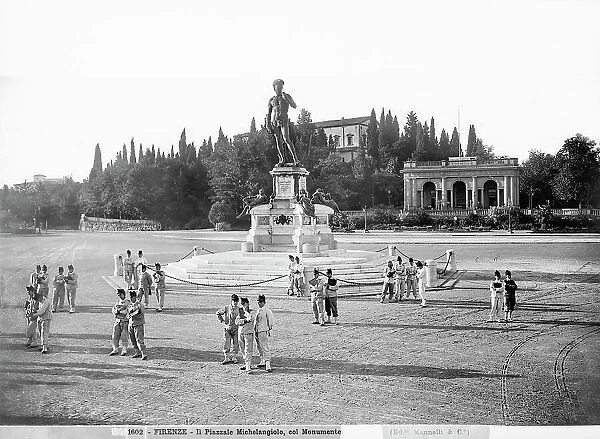 View with people of the Piazzale Michelangelo with the monument Michelangelo on the right, Poggi