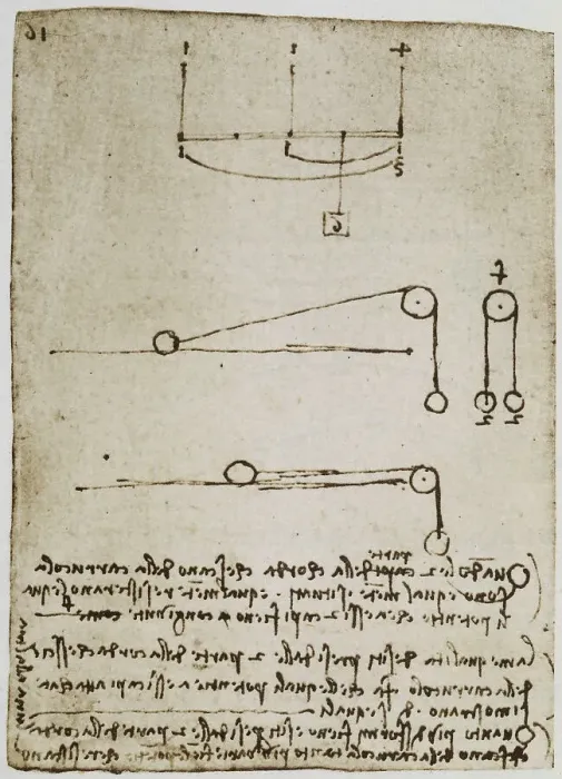 Stampa con cornice : Pesi e carrucole; scritto appartenente al Codice Forster II