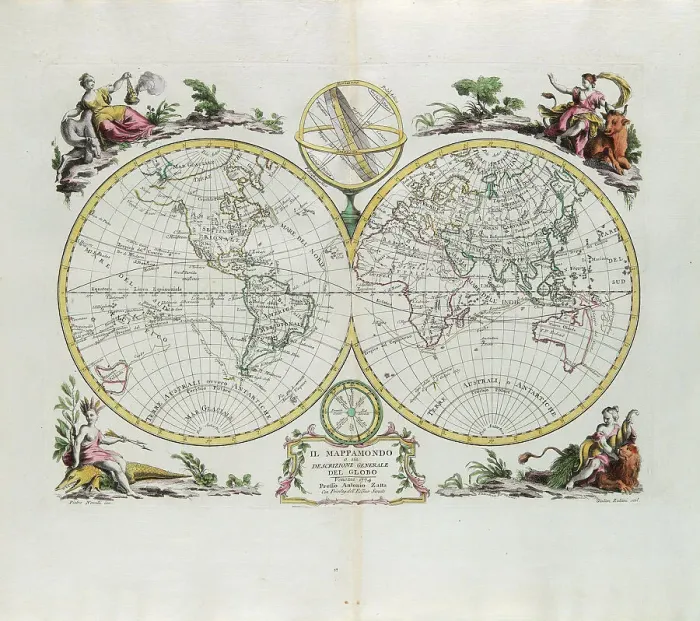 Stampa con cornice : Il mappamondo e una descrizione generale del globo, incisione di G