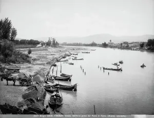 Firenze Stampe: Veduta del fiume Arno presa dal ponte di ferro (oggi ponte san Niccolo) con i renaioli al lavoro