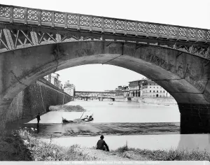 Firenze Stampe: Veduta del fiume Arno con il ponte Vecchio e un renaiolo al lavoro, Firenze
