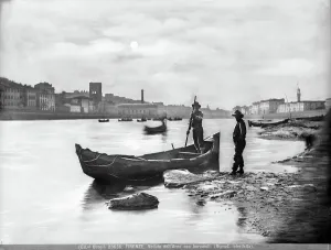 Firenze Stampe: Veduta dell'Arno con barcaioli a Firenze