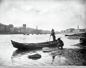 Firenze Stampe: Veduta dell'Arno con barcaioli a Firenze