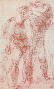 Collezione Di Belle Arti - Disegni Stampe: Tre uomini portanti un cadavere; disegno eseguito da Michelangelo conservato nel Museo del Louvre a Parigi