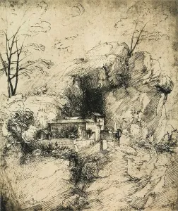 Collezione Di Belle Arti - Disegni Stampe: Veduta con un monastero; disegno di Raffaello conservato alla Galleria Albertina di Vienna