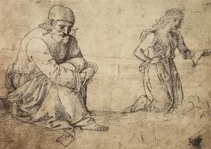 Collezione Di Belle Arti - Disegni Stampe: Studio di un vecchio seduto e di un angelo inginocchiato