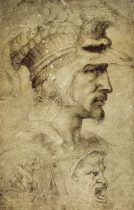 Collezione Di Belle Arti - Disegni Stampe: Testa di guerriero; disegno della Scuola di Michelangelo conservato presso il British Museum a Londra