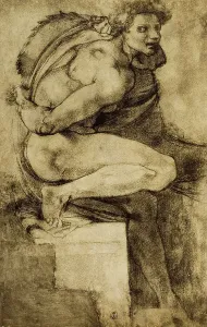 Collezione Di Belle Arti - Disegni Stampe: Studio di nudo maschile con una gamba piegata; disegno realizzato da Michelangelo conservato nel Gabinetto dei Disegni