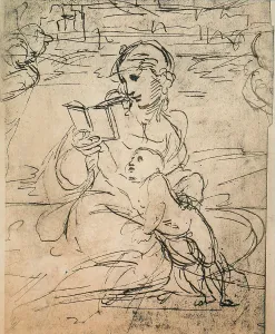 Collezione Di Belle Arti - Disegni Stampe: Madonna che legge col Bambino e angeli; disegno di Raffaello conservato alla Galleria Albertina di Vienna
