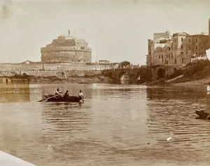 Roma Stampe: Barca sul Tevere; sullo sfondo Castel Sant'Angelo; Rione Ponte, Roma