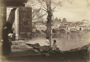 Roma Stampe: Bambini sulla sponda del Tevere a Roma. Sullo sfondo il ponte Emilio (Ponte Rotto)
