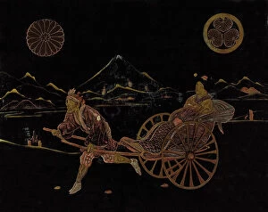 Japan: Top album cover, Japanese woman on a rickshaw, gold plated black lacquer