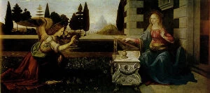 Images Dated 23rd February 2011: Annunciation, oil on panel, Leonardo Da Vinci (1452-1519), Uffizi Gallery, Florence