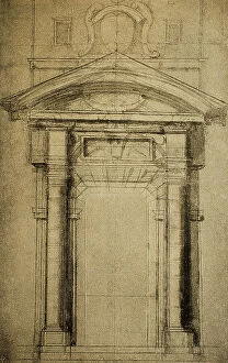 Images Dated 8th March 2011: Architectonic sketch of a door surmounted by a coat of arms; drawing by Michelangelo