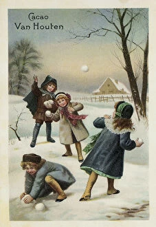 Images Dated 21st January 2008: Cacao Van Houten jar label, group of children playing in a snow landscape, Holland