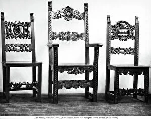 Images Dated 18th April 2012: Three chairs in inlaid walnut from Palazzo Mansi, Lucca. The central chair has arms