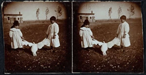Images Dated 15th November 2011: Two children playing with a goose in a meadow. The bird is in the middle, with its wings spread