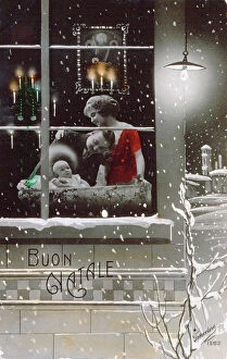 Images Dated 16th April 2012: Christmas postcard. At the center, behind a window that has been drawn in, is a tender family scene
