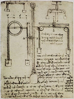 Images Dated 23rd April 2009: Comparison between two lever systems for raising weights, page from the Codex Forster II, c.75v