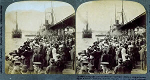 Images Dated 10th November 2010: A crowd on a Norwegian pier waving goodby to relatives emigrating to America on a ship that has