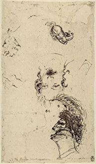 Images Dated 22nd October 2009: Draft of a horse, female face with helmet, drawing by Leonardo da Vinci, pen on white paper