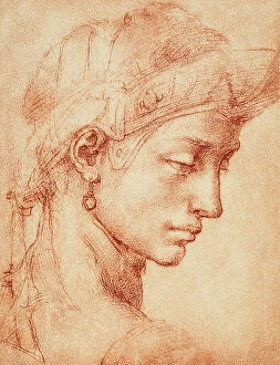 Images Dated 8th March 2011: Female head with earring, drawing by Michelangelo, The Ashomolean Museum of Art and Archaeology